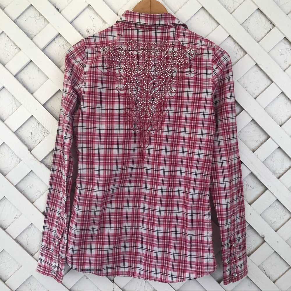 Roar Plaid Embroidered Embellished Pearl Snap Long Sleeve Western Shirt